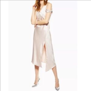 Topshop nude twist shoulder satin midi dress 6